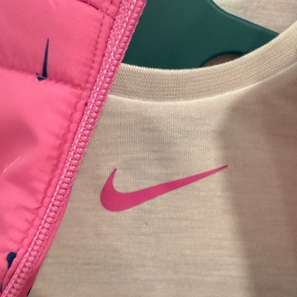 Nike Pink Puffer Vest with White Shirt and Blue Leggings - Picture 3 of 7